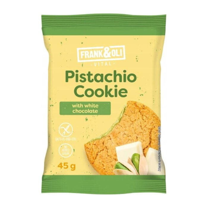 Ciasteczko miękkie pistacjowe z białą czekoladą bez cukru 45g FRANK&OLI - obrazek 1