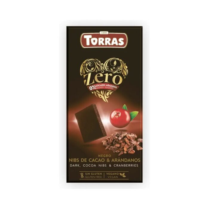 Czekolada gorzka z kruszonym kakao i żurawiną bez cukru 125g TORRAS ZERO - obrazek 2
